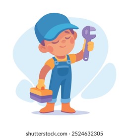 Boy Technician ou Handyman com caixa de ferramentas como ilustração vetor da profissão infantil