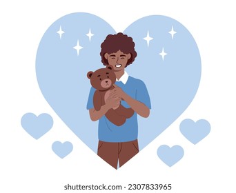 Boy with teddy bear. Cheerful little kid with toy. Adorable child in heart shape. Positive emotions and optimism. Character hug fluffy mascot. Cartoon flat vector illustration