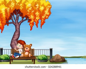 Boy and teddy bear at the park illustration