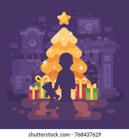 A boy with a teddy bear silhouette against a bright shining Christmas tree with presents at night in a cozy room with a fireplace, an armchair and grandfather clock. Holiday magic flat illustration