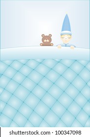 boy with a teddy bear sleeping under a blanket quilted