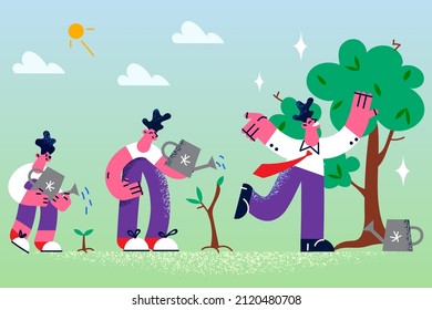 Boy, teen and grownup man take care of tree on different life stages. From seedling to tree cycle. Gardening and greenery. Goal achievement and success metaphor concept. Vector illustration. 