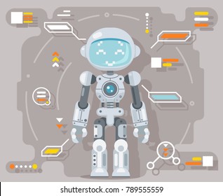 Boy teen robot android artificial intelligence futuristic interface information flat design vector illustration