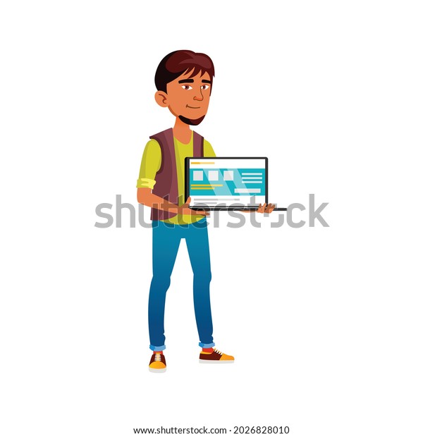 Boy Teen Showing Project On Laptop Stock Vector (Royalty Free ...