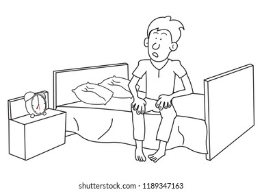 Boy teen sitting on a bed worried unhappy thinking table clock on the side table late wake up