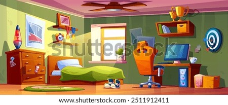 Boy teenage room interior. Teen bedroom cartoon background. Study furniture for child in house. Indoor darts and workspace near window in apartment. Young gamer home design with shelf and computer