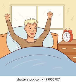Boy teenager in beige pajamas wake up in the morning. Cartoon character vector Illustration.