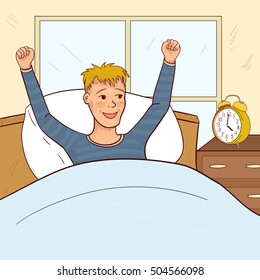 Boy teenager in blue pajamas wake up in the morning. Cartoon character vector Illustration.