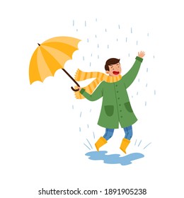 Boy Teenager Jumping in Puddle in Rainy Day Vector Illustration