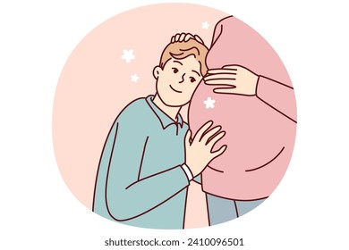 Boy teenager lean against belly of pregnant mother listens to heartbeat of unborn child. Loving son hugs mom in anticipation of appearance of younger brother or sister. Flat vector illustration