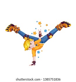 Boy teenager performs tricks on roller skates. Youth sport for active people. Funny cartoon vector character.