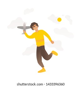 A boy or teenager plays with a toy plane in cartoon flat style on a background of sky and sun. Hobbies of children, a boy and a child holding a plane. Isolated vector illustration.