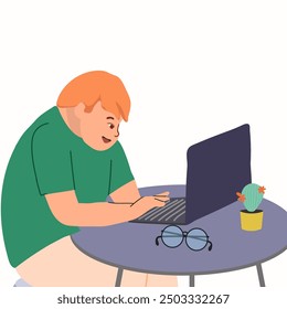 Boy, teenager sitting at a desk with a laptop, doing his homework with computer. Children education concept. Skills children with down syndrome. Vector illustration. 