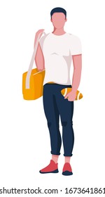 A boy is a teenager with a sports bag on his shoulder and a ball in his hands. A young student on a sports day. American football player
Vector illustration on white background