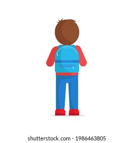 Boy, teenager, student with school backpack stands with his back turned. Schoolboy going to school with backpack. Back to school concept. Vector illustration isolated on white background