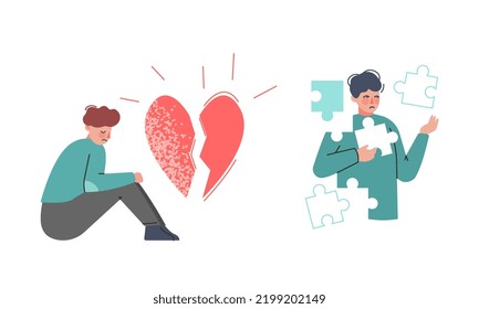 Boy Teenager Suffering from Psychological Problems and Mental Disorder with Broken Heart and Puzzle Vector Set