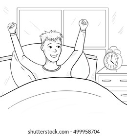 Boy teenager wake up in the morning. Cartoon character vector Illustration. Black-and-white drawing, coloring