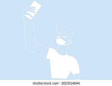 Boy teenager wearing face mask phone selfie in Coronavirus COVID-19 Pandemic,
 vector drawing 