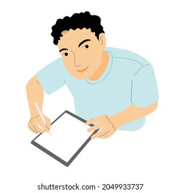 A boy teens using stylus and tablet with smile face.