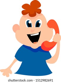 Menino com telefone, ilustração, vetor sobre fundo branco.