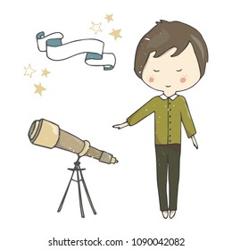 Boy telescop ribbon stars spyglass geography day teacher pupil student full face smile character college greeting celebration birthday holiday card color astronomy text data clip art white background