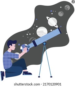 boy with telescope flat design illustration, Small boy looking through a telescope, Young man watching through telescope at night sky. Astronomy hobby concept design element.