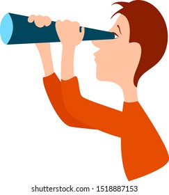Boy with telescope, illustration, vector on white background.