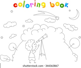 A boy with a telescope looking at the comet in the night sky with stars and moon. Coloring book. Vector illustration
