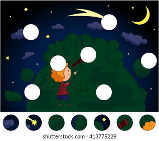 Un niño con un telescopio mirando al cometa en el cielo nocturno con estrellas y luna. Completa el rompecabezas y encuentra las partes que faltan en la imagen. Juego educativo para niños