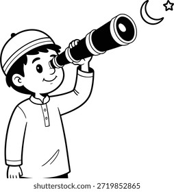 Boy with telescope looking at the moon and star observing