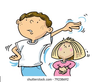Boy telling a young girl to go away in a dismissive fashion.
