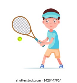 Boy tennis player beat the ball with a racket. Small child plays tennis. Vector illustration isolated on white, flat style.