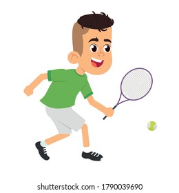 boy tennis player isolated on white background. funny child learns to play tennis. vector illustration