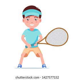 Boy tennis player standing with a racket. Small child is standing in the tennis player pose and is preparing to play. Vector illustration isolated on white, flat.