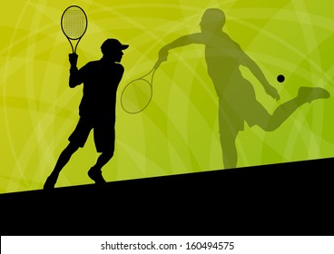 Boy tennis players active sport silhouettes vector background illustration