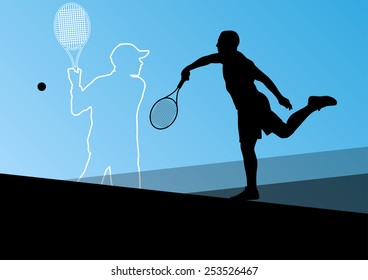 Boy tennis players active sport silhouettes vector abstract background illustration