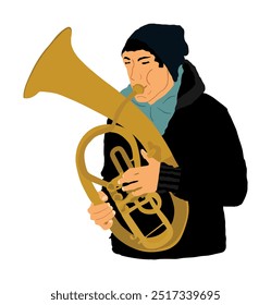 Boy tenor horn player vector illustration. Music man play wind instrument. Music artist. Jazz man saxhorn. Bugler street performer. Musician trumpet. Male public entertainment. Classic music event.