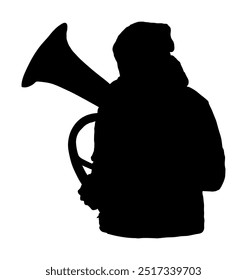 Boy tenor horn player vector silhouette. Music man play wind instrument. Music artist. Jazz man saxhorn. Bugler street performer. Musician trumpet. Male entertainment for public. Classic music event.