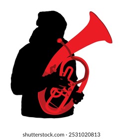 Boy tenor horn player vector silhouette. Music man play wind instrument. Music artist. Jazz man saxhorn. Bugler street performer. Musician trumpet. Male entertainment for public. Classic music event.