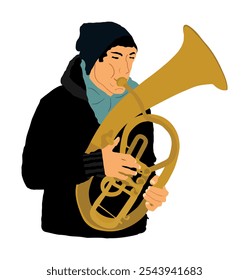 Boy tenor horn player vector illustration. Music man play wind instrument. Music artist. Jazz man saxhorn. Bugler street performer. Musician trumpet. Male public entertainment. Classic music event.