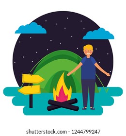 boy tent bonfire night camping