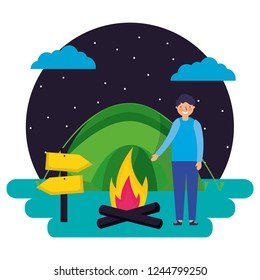 boy tent bonfire night camping