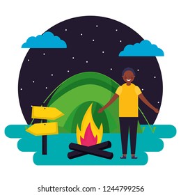 boy tent bonfire night camping