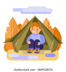 A boy in a tent is hiding from the rain. Vector illustration in flat style. Isolated on white.