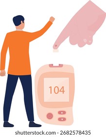 A boy is testing his blood sugar level using a glucometer, monitoring his health with a small device, focused on managing diabetes and maintaining a balanced lifestyle