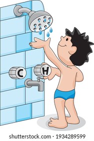 The boy testing the shower's temperature in the Bathroom