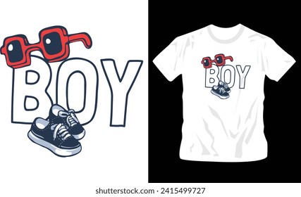 boy text with cartoon glasses and shoes streetwear t-shirt design