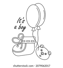 It's a boy text. Small baby socks and balloons. Design for First newborn party , vector card for baby shower party.