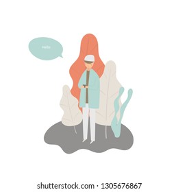 Boy texting with smartphone in flat style surrounded with trees and dialog bubble. Man in park with text space background