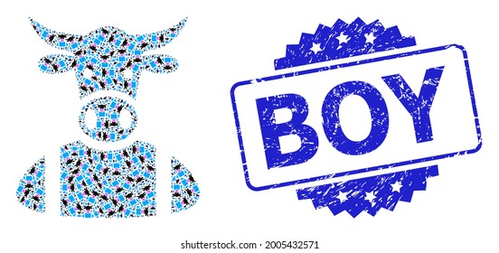 Boy textured stamp seal and vector recursive mosaic cow boy. Blue stamp seal has Boy tag inside rosette. Vector collage is designed from recursive rotated cow boy items. svg